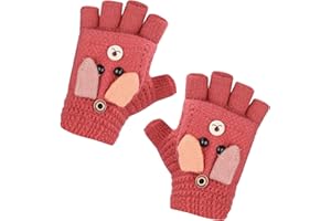JIAHG Kinder Halbfinger Handschuhe Fingerlose Fäustlinge Mädchen Winter Cartoon Fingerhandschuhe Strickhandschuhe Thermohandschuhe mit Klappe