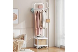 ZHYOCOGY Metal Corner Coat Rack, Small Coat and Shoe Stand, Freestanding Clothes Stand with 2 Metal Shelves and Hooks, Compact Clothes Rail for Bedroom, Hallway, Entryway, Balcony, Small Space, balcony (white)