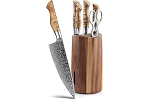 HEZHEN 7 Pièces Bloc de Couteaux Set Damas-Couteau de Chef en Acier Damas Santoku-Bloc de Couteaux en Bois-Ciseaux de Cuisine en Acier Inoxydable-Manche en Bois