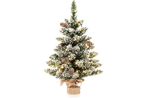 KOMFOTTEU 64 cm julgran, konstgjord julgran, minibordsjulgran med 8 grankottar och 75 grenspetsar med snö, liten gran med 50 LED-lampor och 8 ljuslägen för bord