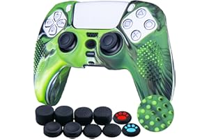 YoRHa Studded Silicone Rubber Gel Customizing Skin Cover for PS5 Dualsense Controller x 1(Camouflage Green) With Pro thumb grips x 10