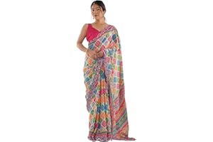 RAJESHWAR FASHION WITH RF Damen Georgette-Sari | gewellte Bordüre, Spiegelarbeit, Stickerei, Sari mit ungenähtem Blusenteil