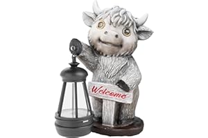 FIGORONA Highland Cow Statues with Solar Lights, Highland Cow Resin Figurine Lights, Highland Cow Ornaments for Patio, Balcony, Indoor Decoration and as Gifts (Stand/G)