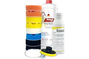 ‎CLEANGLAS Reinigungsset für Bad & Dusche | 1L Kalkentferner extra stark als Antikalk Reiniger | 250ml Glasreinigungs-Politur für kratzfreie Glas-Reinigung | Premium Tuch | Polier-Schwamm Aufsatz Set