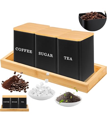 3 Barattoli Quadrati Con Coperchio In Bambù Per Cucina - Contenitori Ermetici Con Cucchiaio Per Caffè, Zucchero, Tè