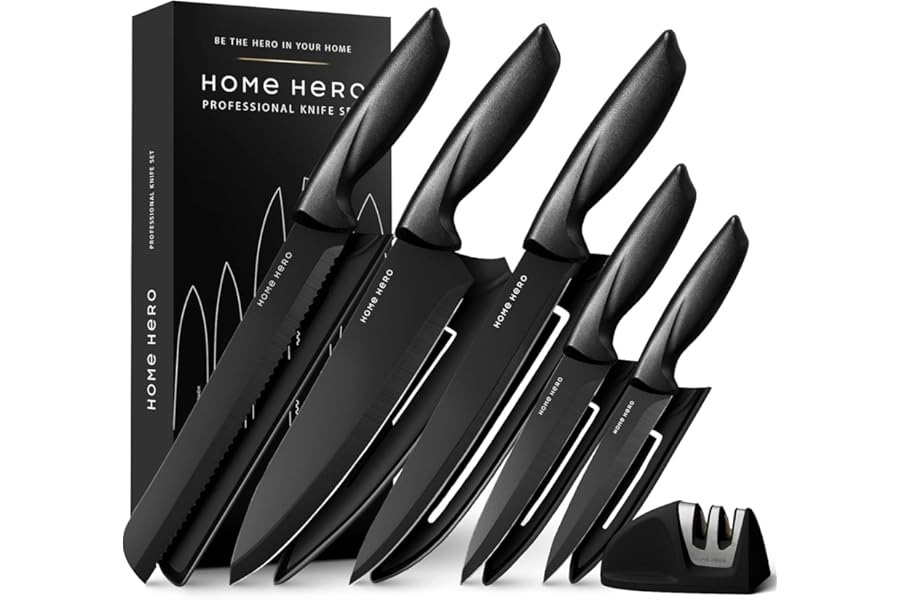 Home Hero 5-Piece Kitchen Knife Set with Protective Sheaths & 2-Stage Sharpener, Black Stainless Steel Chef, Bread, Carving, Utility & Paring Knives