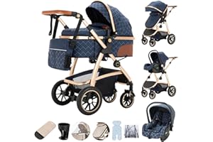 Zkiprm Cochecito 3 en 1, Sistema de Viaje con Asiento de Coche, Cochecito y Capazo, Carrito Ajustable en Altura, Silla de Paseo con mosquitero, Chasis de Aluminio, para niños de 0 a 4 Azul