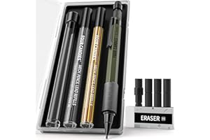 Four Candies Juego de portaminas 1,3 mm con 24 repuestos, metal resistente, lápiz de carpintero exterior, borrador, 6 recambios goma borrar arquitecto