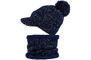 dy_mode Damen Mütze und Schal Kombi Set Schirmmütze Bommel mit Innenfutter - A305