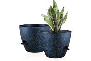 Warmplus 25cm Self-Watering Plant Pots Indoor, 2 Pack Large Plastic Plant Pots with Deep Reservior and High Drainage Holes for Indoor Outdoor Plants and Flowers, Speckled Black with Green