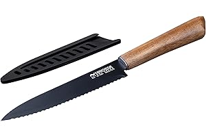 Nirosta Coltello da cucina con lama seghettata in acciaio inox, con rivestimento antiaderente, manico in acacia 100% FSC, coltello con custodia protettiva, lavare a mano, dimensione 24 cm, Linea Flow