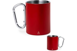 noTrash2003 Set di 2 tazze termiche a doppia parete, in acciaio inox, 300 ml, in acciaio inox riciclato, con moschettone, fissaggio allo zaino, campeggio, escursionismo all'aperto (rosso)