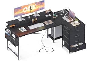 ODK Biurko w kształcie litery L, duże biurko z 4 szufladami, narożne, z 2 portami ładowania USB i 2 gniazdami, biurko komputerowe w kształcie litery L do domowego biura, 160 x 80 x 84,7 cm, czarne