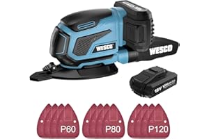 WESCO Cordless Sander, 18V 2.0Ah Detail Sander 13000RPM, 12Pcs Sandpapers, Dust Extraction with Finger Pad for Sanding in Narrow Space, Compact Multi-Tool Sander(140X140X80mm)/WS2315.1