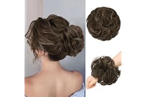 RUWISS Moños Postizos de Pelo Natural Moño Postizo Extensiones de Cabello Rizado y Ondulado Sintético Despeinado Postizos para Mujer - Castaño oscuro y rubio caramelo