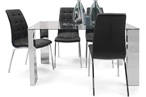 SENSACION DE HOGAR HOMELY MUEBLES DECORACION DESCANSO Homely | Conjunto Comedor Karina II | Mesa Cristal + 4 sillas Polipiel | Mesa Cristal y Acero Pulido | sillas Acolchadas | Patas Acero Cromado | Medidas Mesa 140x90 cm | Color PP Negro