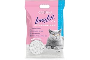 Cat&Rina Long Life Lettiera per Gatti ai Cristalli di Silicio Super Assorbente. Sabbia Priva di Polvere e Sicura fino a 30 giorni di utilizzo. Anti Odore,Profumazione Classica. Confezione da 5.5l