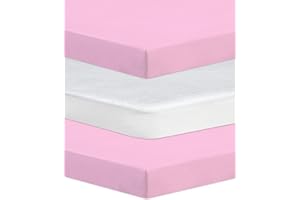 NAZNA LINEN Next To Me Compatible Crib 3 Pack (83-85 x 50-51 cm) - 2x 100% Pure Cotton Crib Fitted Sheets & 1 Waterproof Mattress Protector with 150 GSM Terry Fabric (Pink)