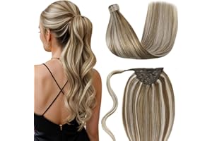 LaaVoo Highlight Extensiones Marrón Ligero con Rubio más Ligero Cola de Caballo de Cabello 40cm 80g Extensiones de Coleta Pelo Humano Real Ligero Extensiones de Cabello Liso y Recta #P8/60