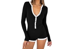 LACOZY Long Sleeve Rompers for Women V Neck Shorts Jumpsuit One Piece Bodysuit Y2k Pajamas Yoga Gym
