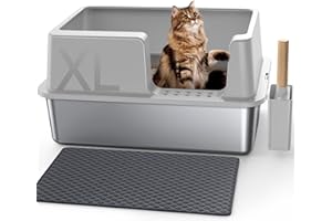 Gimars Arenero Acero Inoxidable Gatos XL 60x40x31cm, arenero Gato Acero Inoxidable 28L, Bandeja de Arena fácil de Limpiar y sin olores, Sanitaria a Prueba de Fugas con Pala y Alfombrilla