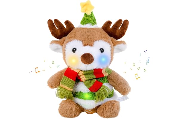 seOSTO Peluche Renne de Noel, 26 CM Jouet Musical Interactif Chantant et Dansant, Peluche Cerf de Noel Mignonne Décoration De Noël À La Maison Cadeaux Noel pour Garçons et Filles