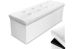 Nyxi Foldable Ottoman Storage Box, 110x38x38cm, 120L Capacity Faux Leather, Multi-Purpose 2-Seater, Foot Stool, Storage Organizer with Lid for Kids Toys, Bedroom, Hallway, Living Room, White
