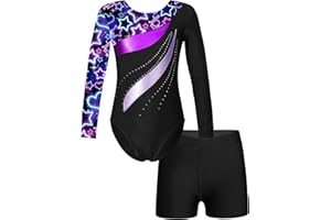 CHICTRY Kids Girls Long Sleeve Gymnastics Leotard Workout Bodysuit with Shorts 2 Pieces Set Tracksuit Tumbling Dance Outfits