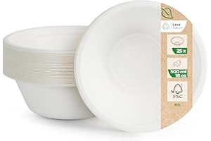 Love Nature Bol Jetable - Vaisselle Canne à Sucre 25 pièces - Écologique Bols Jetables 500ml - Biodégradable Résistant et Solide