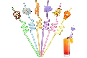 Ulife Mall 6 Pezzi Cannucce Safari per Bambini, Cannucce di Plastica Rigida Riutilizzabili Cannucce Riccia da Cocktail Forniture per Feste di Compleanno Decorazioni da Tavola per Feste
