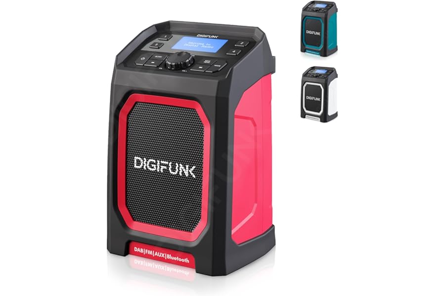 DigiFunk Work Site Radio | USB Rechargeable | DAB+, DAB, FM, Bluetooth, AUX Input | IP65 Waterproof Rugged Durable Design | Perfect for Builders, Outdoors, Warehouse, Garage, DIYer, Shed | Red