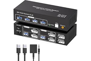 TJCXELE Displayport Switch KVM 4K144Hz 2 PC 2 Monitor USB 3.0 Commutatore KVM Doppio Monitor per Condividi e 4 Dispositivi Supporta la Modalità Copia ed Estendi con cavi USB