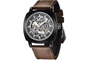 BY BENYAR BENYAR - Montre Automatique Homme Mécanique |Bracelet en Cuir | Mouvement Doré | Cadran Squelette de 45 mm | Résistant à l'eau et Aux Rayures Cadeau élégant