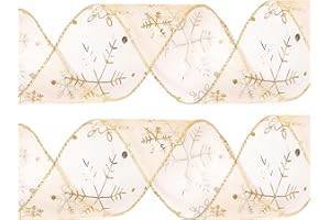 HUICLOUD Christmas Ribbon,2.5 Inch x 10 Yards Gold Wired Ribbon,Glitter Snowflake Organza Ribbons for Christmas Tree Decoration, Gift Wrapping,DIY Crafts,Home Wedding Party Decoration