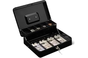 Amazon Basics - Cassetta portavalori con serratura a chiave e vaschetta portamonete, 9 x 30 x 24 cm (altezza, larghezza, profondità), nero