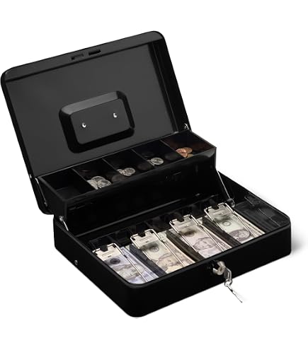 TEHAUX Desktop Cash Organizer Box – 8 Compartments For Bills, Coins & Receipts, Wood Plastic Material