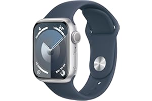 Apple Watch Series 9 (GPS, 41 mm) Smartwatch mit Aluminiumgehäuse in Silber und Sportarmband S/M in Sturmblau. Fitnesstracker, Blutsauerstoff und EKG Apps, Always-On Retina Display, Wasserschutz