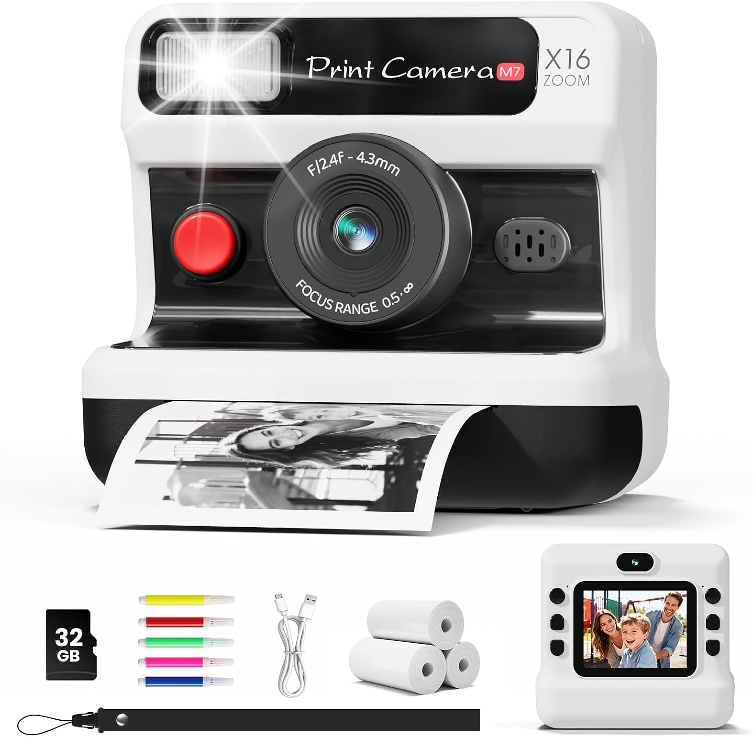 CalineGam Camara Fotos Infantil Instantanea, HD 1080P Cámara Instantánea para Niños con Tarjeta de 32G y 3 Rollos de Papel, Lentes Dobles, Regalo para Niños y Niñas de 3 a 12 Años