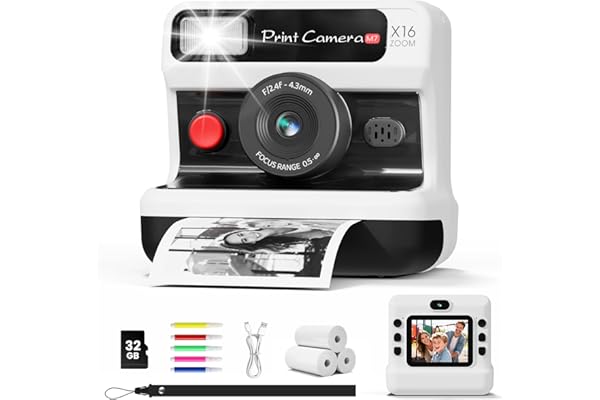 CalineGam Appareil Photo Instantané Enfants, 1080P HD Appareil Photo Numérique Enfant & Double Objectif avec Carte de 32GB & Papier d'impression, Cadeaux pour Garçons & Filles de 3 à 12 Ans