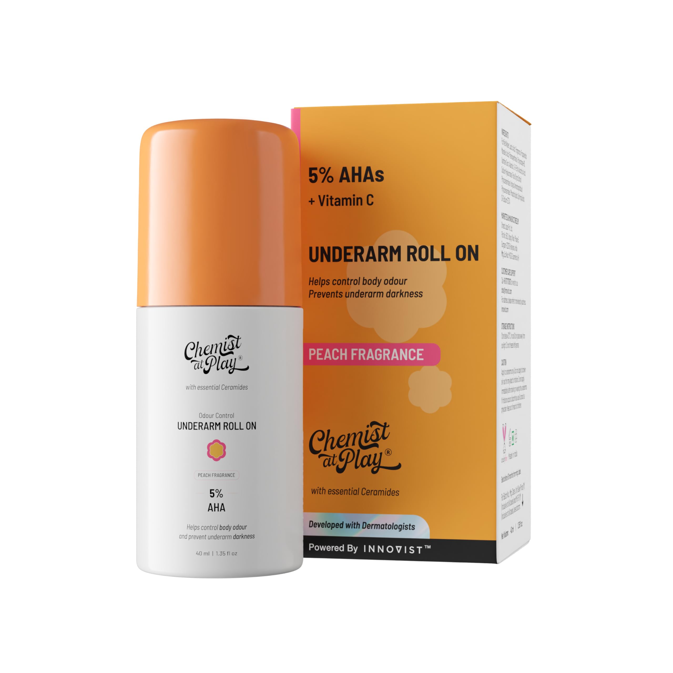 Chemist at Play UnderArm Roll-On with 5% AHA, Lactic Acid & 1% Mandelic Acid | Prevents Body Odour, Brightens Skin & Exfoliat