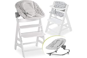 Hauck Seggiolone Alpha Plus Set Premium - Seggiolone Legno Evolutivo da 0 Mesi (Cintura 3 punti, Bianco, Grigio)