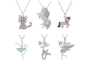 Pomeloone 6 Stück Ketten Set, Einhorn Halskette Meerjungfrau Ballerina Katze Anhänger Halskette mit Kristallen, Geburtstagsgeschenk für Kinder, Mädchen, Damen, Frau