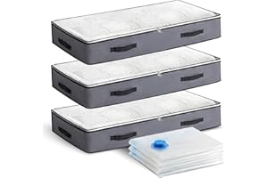 NEWSONA Set 3 Borse Sottoletto 100×50×15 cm (Grigio Scuro) + 3 Sacchetti Sottovuoto 100×70 cm, Contenitori Bassi con Finestra per Piumoni, Vestiti e Tessili da Riporre sotto il Letto