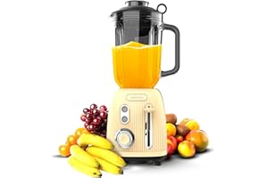 ‎CECOTEC Cecotec Mikser stojący Retro Power Black Titanium RetroYellow, maksymalna moc 1200 W, szklany pojemnik 1,5 l, regulowana prędkość, 4 ostrza z czarną powłoką tytanową, silnik 100% miedziany