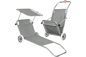 SPRINGOS Fauteuil inclinable d'été avec Roues Chaise Longue à roulettes Chaise Longue avec Pare Soleil Dossier réglable en 5 Positions 2 Roues Appuie-tête