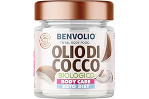 BENVOLIO - Olio di Cocco Biologico 200ml | Alimentare e Cosmetico Total Body Food | Ricco di MCT | per Capelli Ricci Secchi Crespi | Idratante Viso Corpo Pelle | Coconut Oil Hair Skin | Oil Pulling