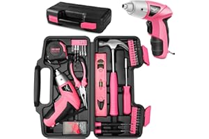 JENABOM Pink Household Tool Set with 3.6V USB Electric Screwdriver, 112 PCS Home Tool Kit with Cordless Power Driver, Hand Tool Kits for Women