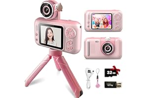AUNIS Kids Camera, Children Digital Selfie Camera with 40MP Video Camcorder Toys, 180° Flip 1080P HD Video Camera for Kids with 32GB SD Card and Selfie Stick, Gift for 6-12 Year Old Girls and Boys (Pink)