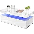 Blisswood Led Coffee Table With 2 Drawer Storage, High Gloss Coffee Table For Living Room Wooden Centre Table With RGB Led Lights Rectangle Tea Table For Living Room Furniture (White)