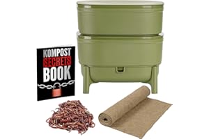 Wurmkomposter kaufen, Klein & Indoor, Wurmkiste für Balkon & Garten, Starterset + Zubehör (Mit Würmer, Grün)